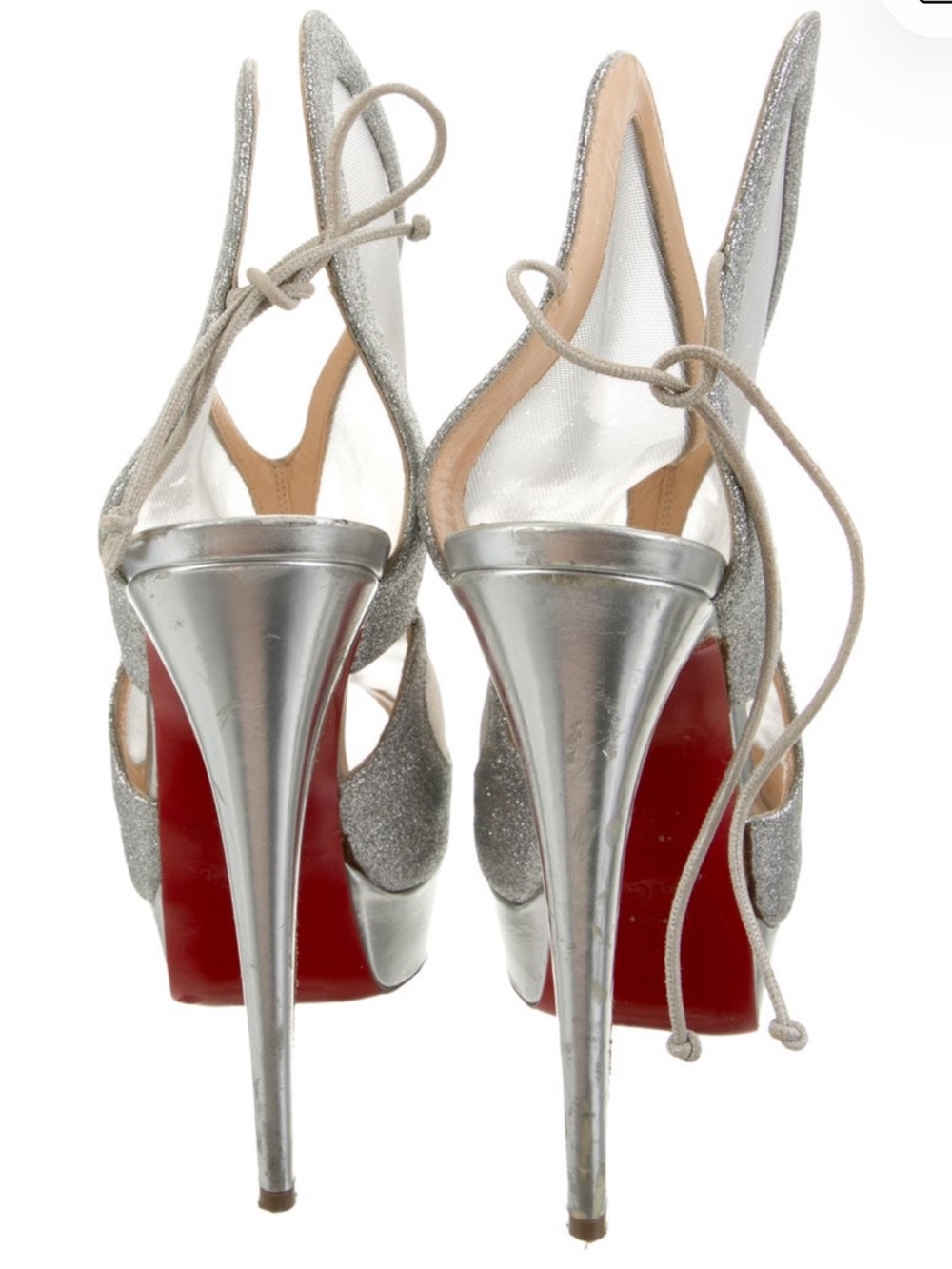 Christian Louboutin Silver Glitter High Heel Sandals with Mesh Panels - Picture 2 of 4